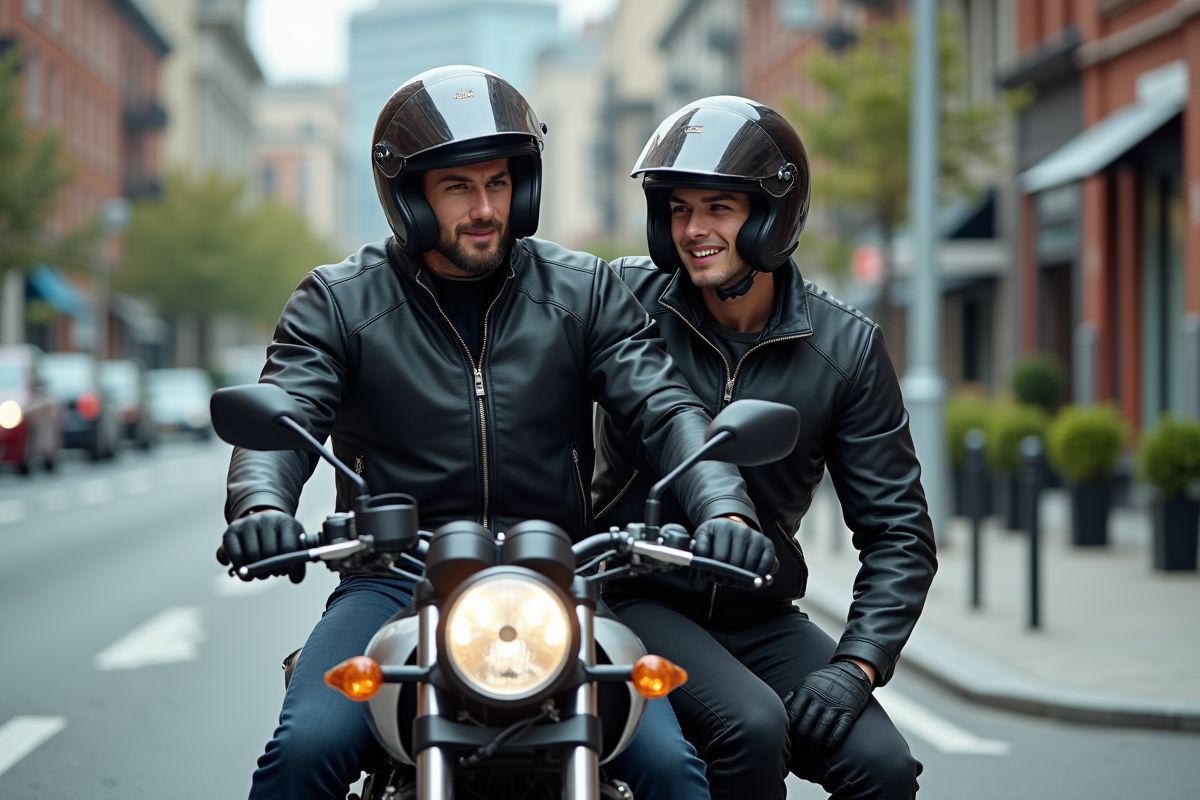 Deux jeunes motards en ville avec casque et moto sportive