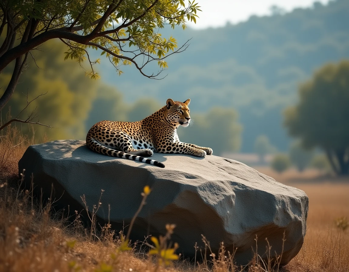 Léopard sauvage au repos sur un rocher de granit dans la forêt sèche du parc national de Yala, Sri Lanka