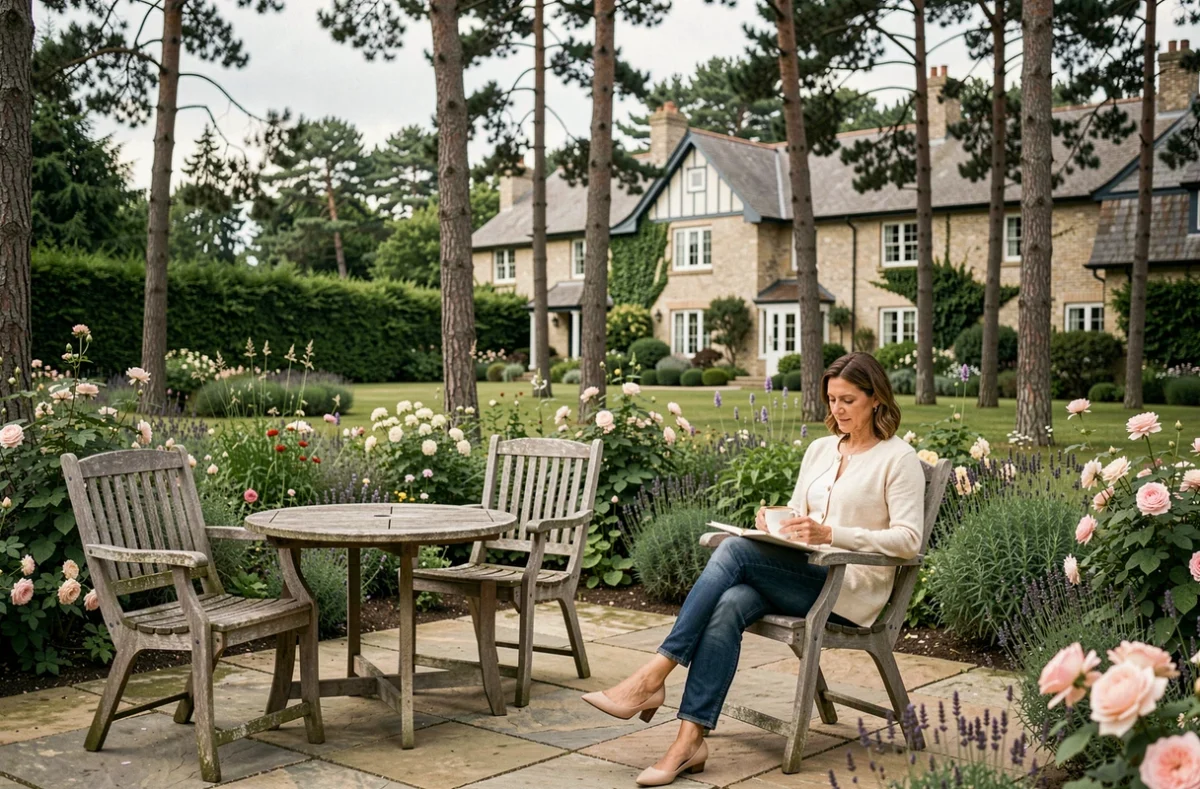 Terrasse en pierre de l'hôtel Les Jardins d'Hardelot entourée de jardins verdoyants et de pins
