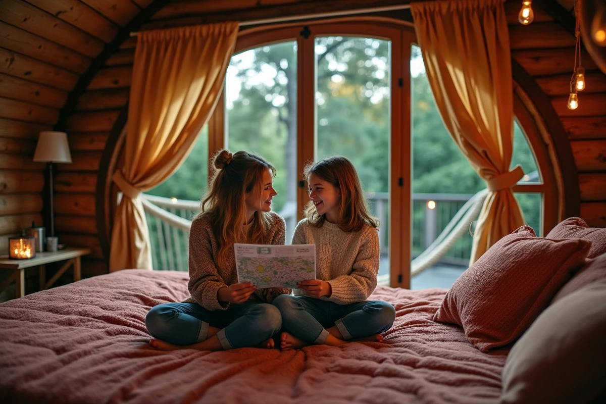 Mère et fille dans une cabane dans les arbres insolite au cœur d'un jardin parisien