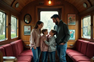 Famille avec enfants découvrant un logement insolite en wagon de train vintage à Paris