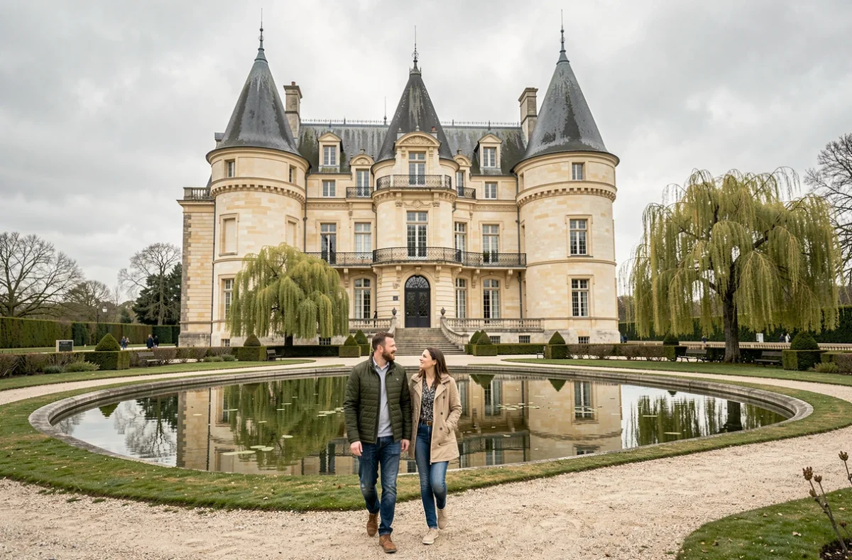 Château des Tourelles avec tours en calcaire, balcons en fer forgé et pièce d'eau ornementale