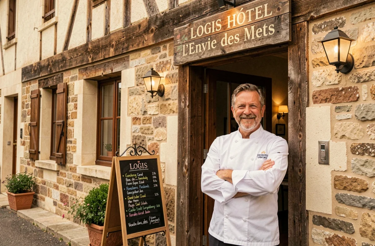 Chef cuisinier à l'entrée de l'Hôtel l'Envie des Mets avec façade en pierre et ardoise du menu