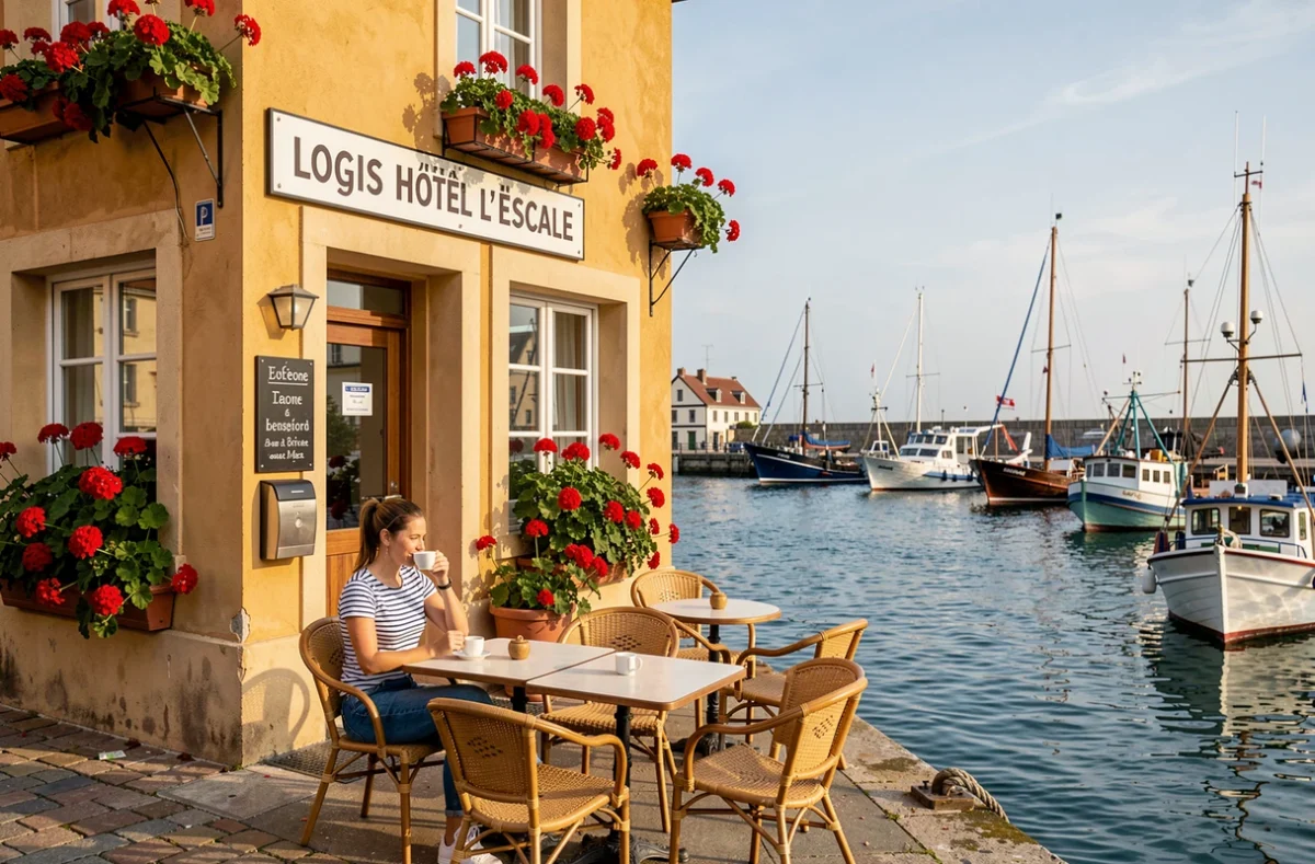 Terrasse de l'Hôtel l'Escale avec façade ocre et vue sur le port de pêche