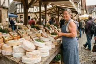 Étal de marché normand avec fromages Camembert, Livarot et Pont-l'Évêque sur planches en bois rustiques