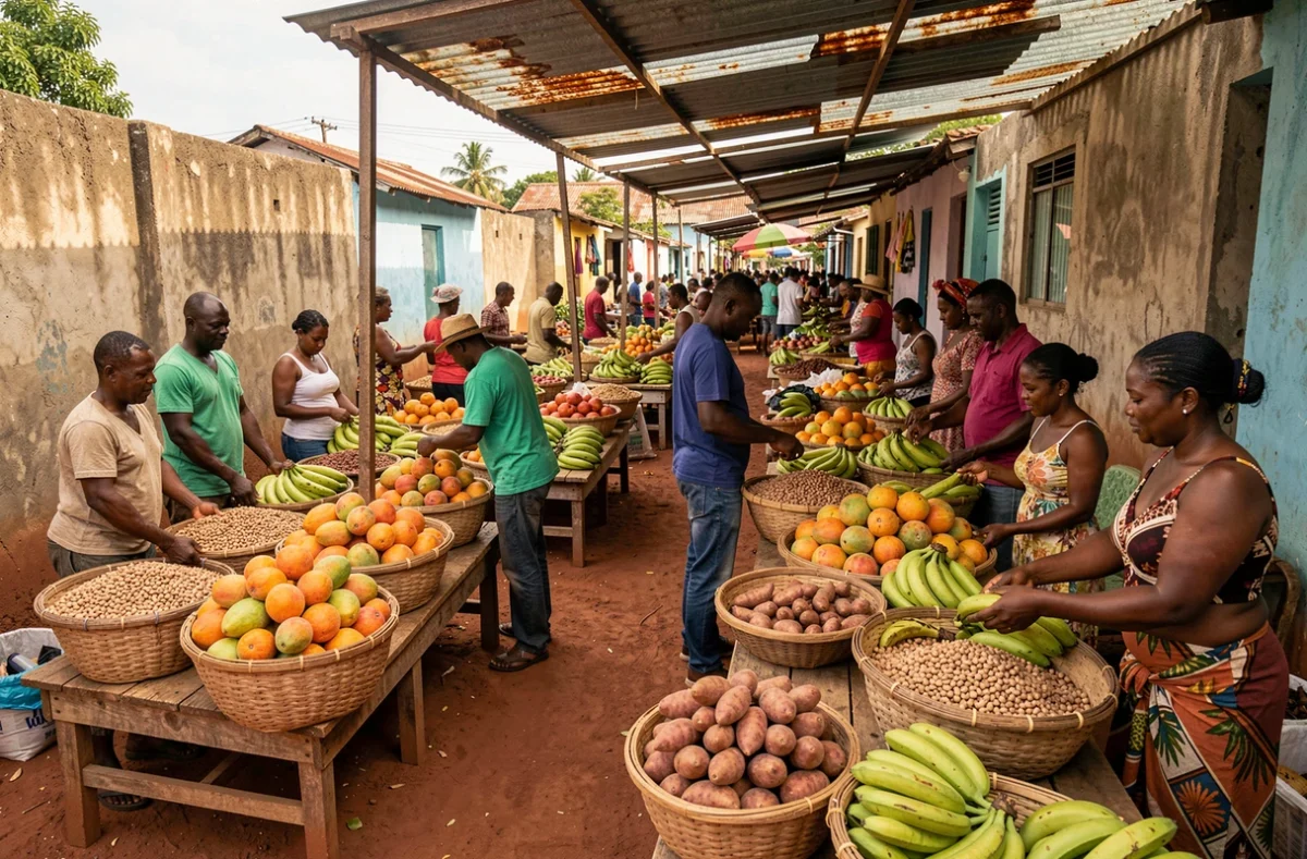 Marché local animé du village de Ganere en Haïti avec vendeurs et produits tropicaux frais