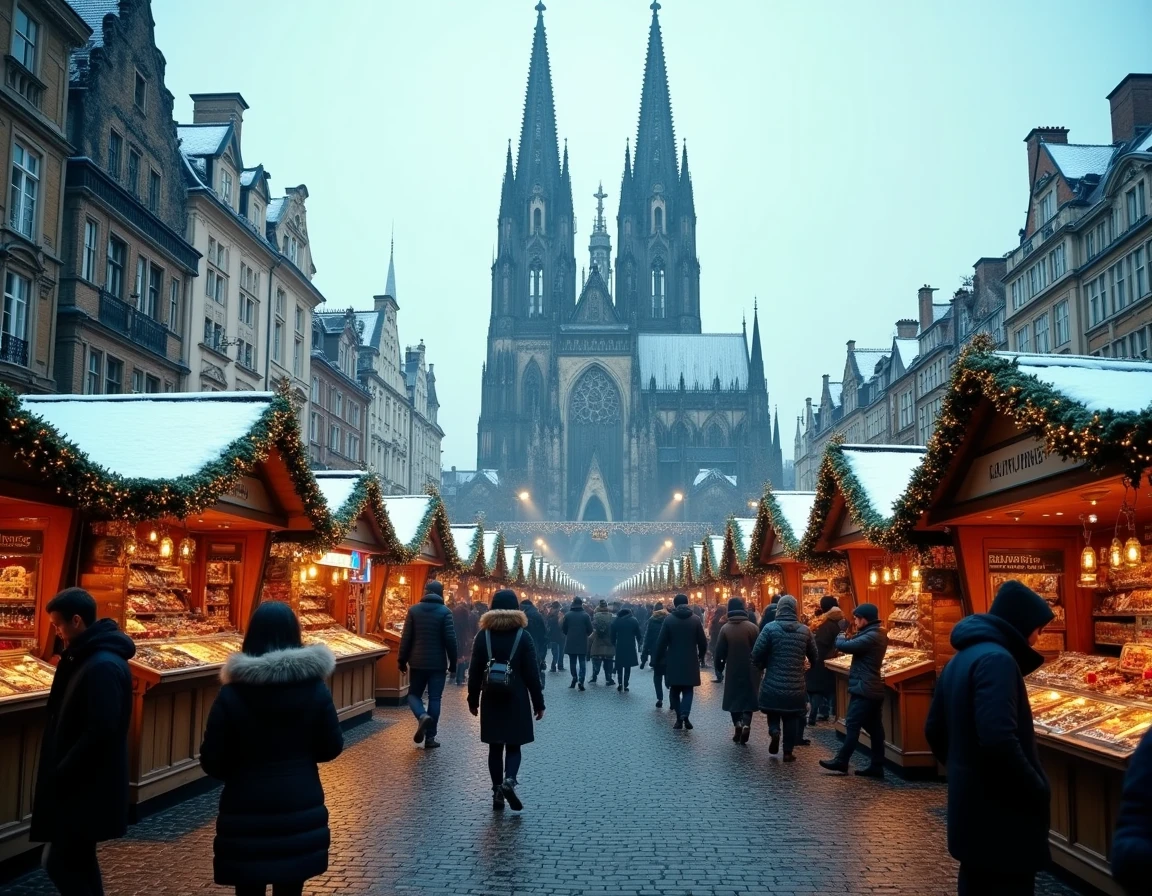 Vue panoramique du marché de Noël de Cologne avec la cathédrale gothique en arrière-plan