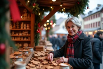 Vendeuse au marché de Noël de Nuremberg entourée de décorations artisanales bavaroises