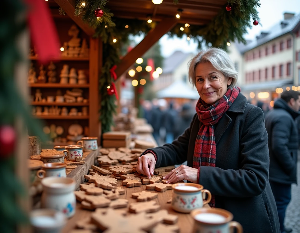 Vendeuse au marché de Noël de Nuremberg entourée de décorations artisanales bavaroises