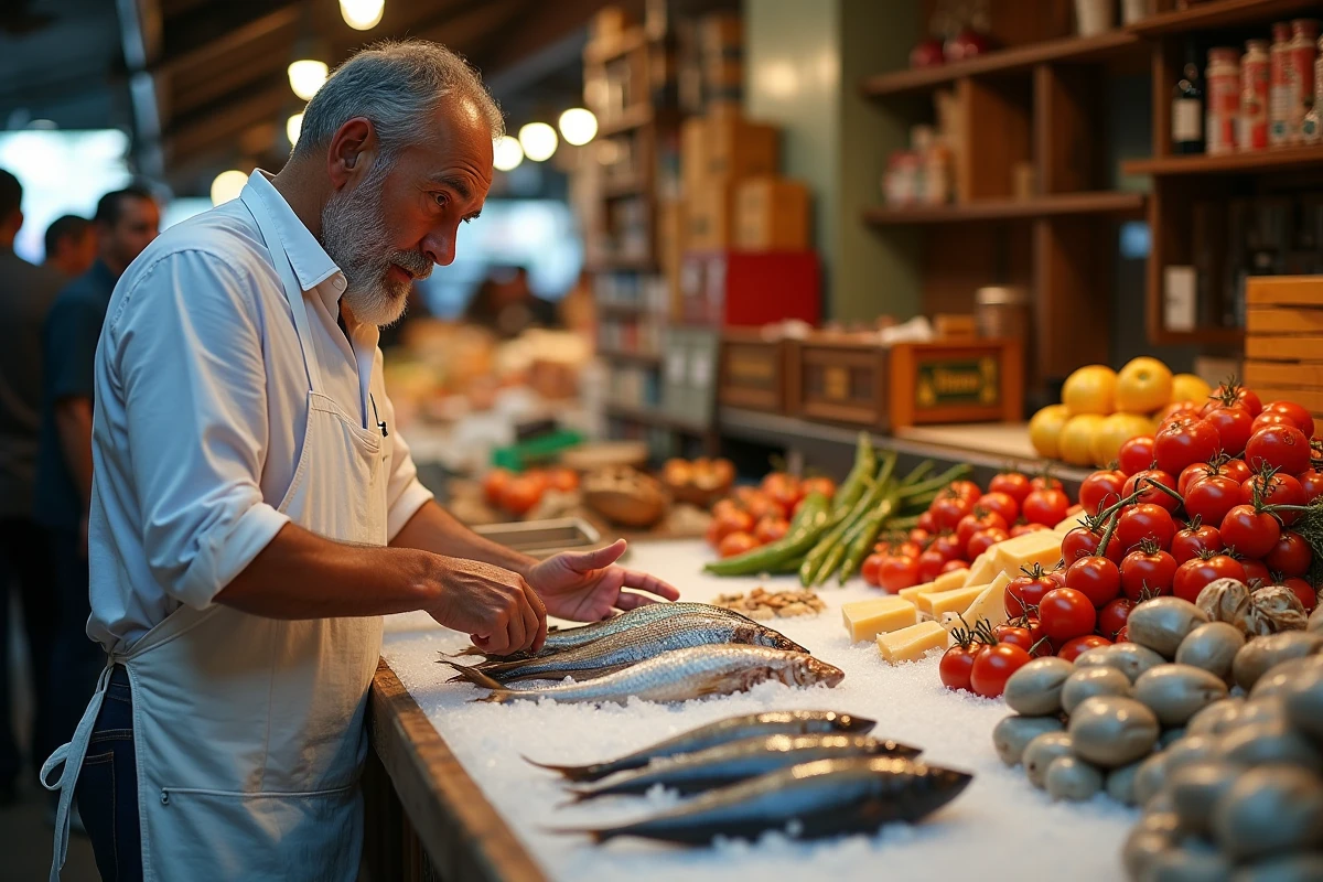 Vendeur de poissons frais au marché traditionnel Porta Nolana de Naples avec étalage de fruits de mer