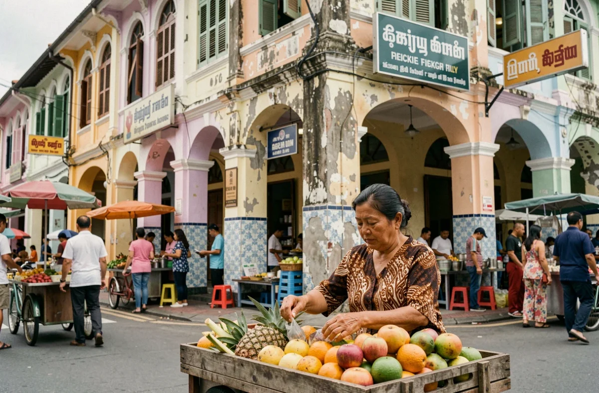 Marché de rue animé à George Town Penang avec vendeurs et architecture coloniale multiculturelle
