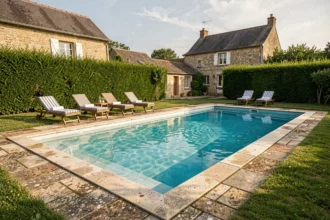Piscine privée d'un gîte typique des Pays de la Loire entourée de verdure et de pierres