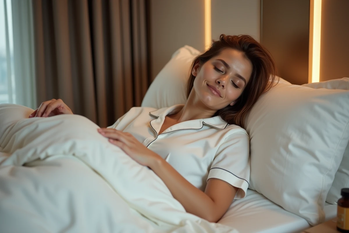 Femme endormie paisiblement dans un hôtel de Dubaï avec un flacon de mélatonine sur la table de chevet pour lutter contre le jet lag