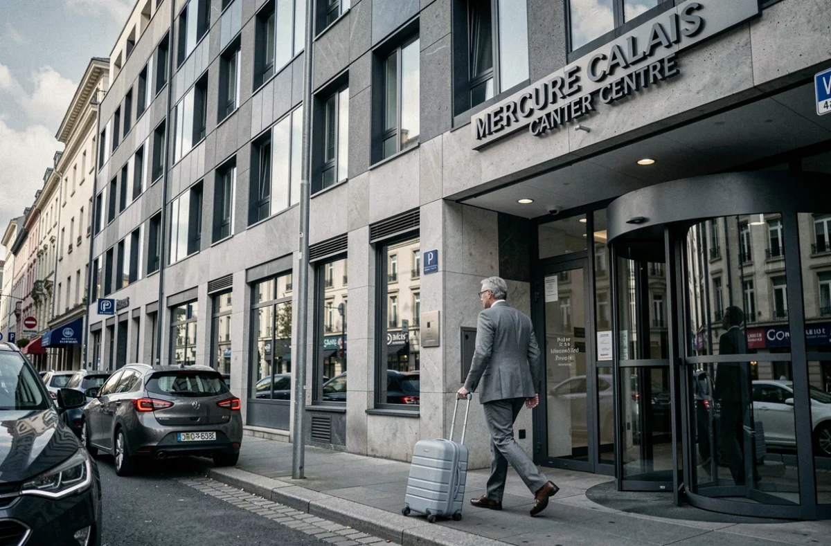 Façade contemporaine du Mercure Calais Centre avec voyageur d'affaires à l'entrée