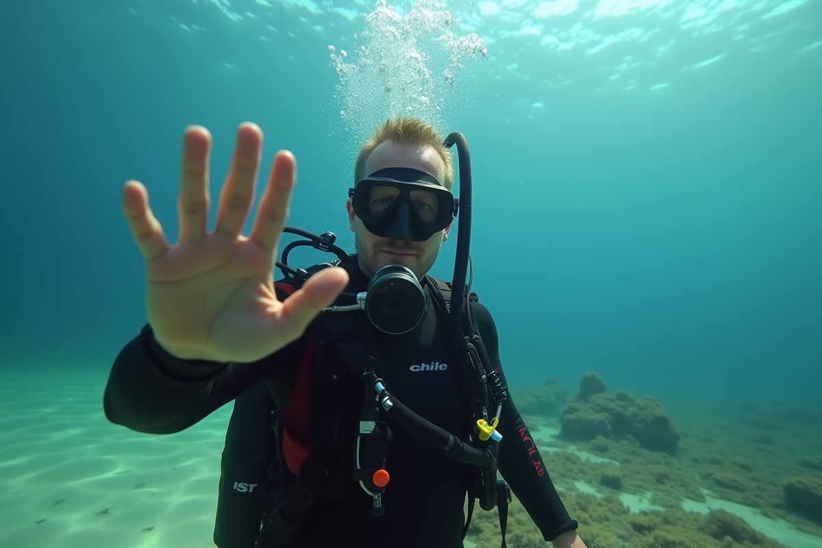 Instructeur de plongée expérimenté faisant le signe OK à un débutant en mer ouverte