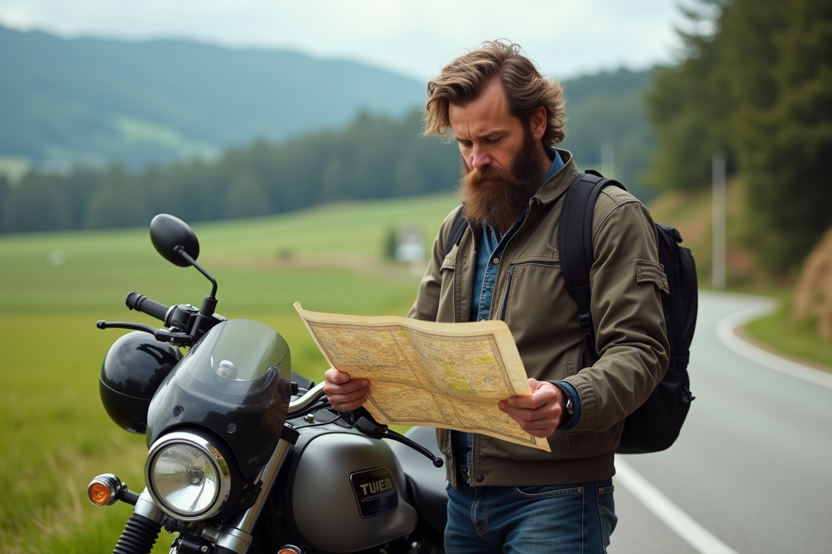 Homme en moto en pleine nature vérifiant une carte