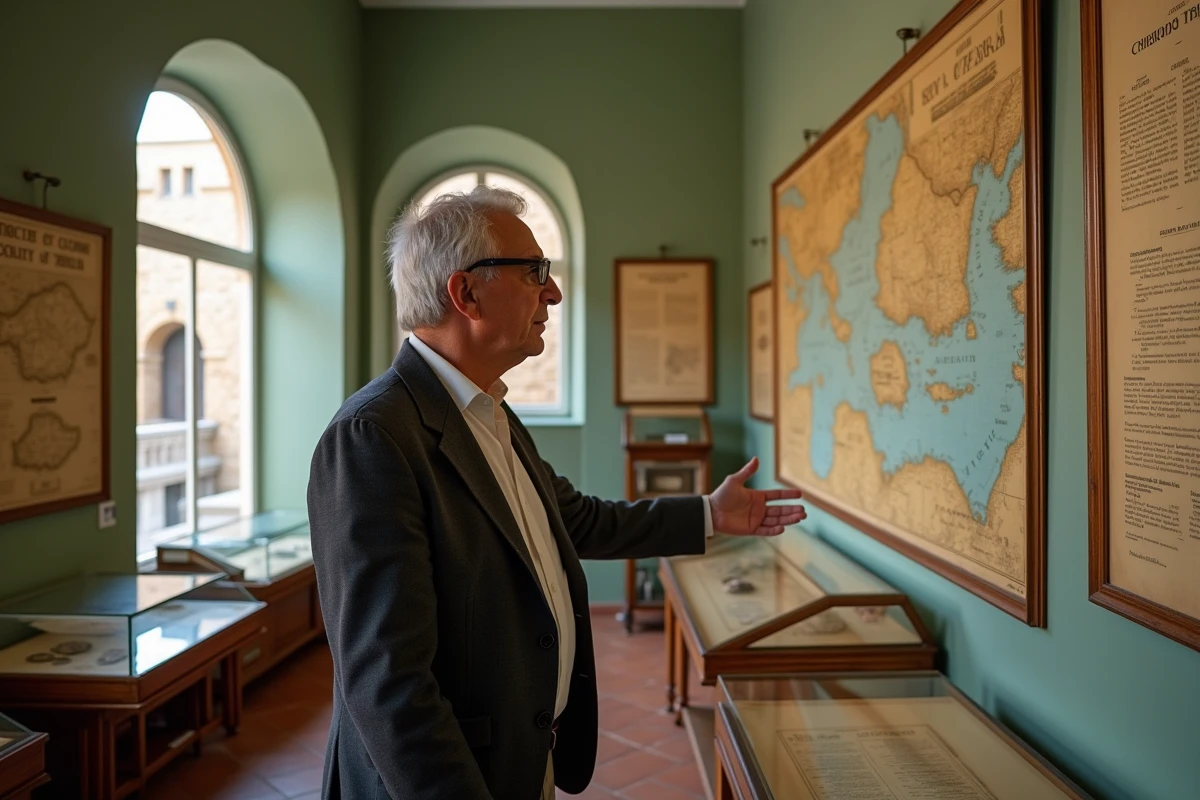 Conservateur de musée crétois présentant des cartes historiques et des artefacts illustrant l'histoire de la Crète et ses liens avec la Grèce