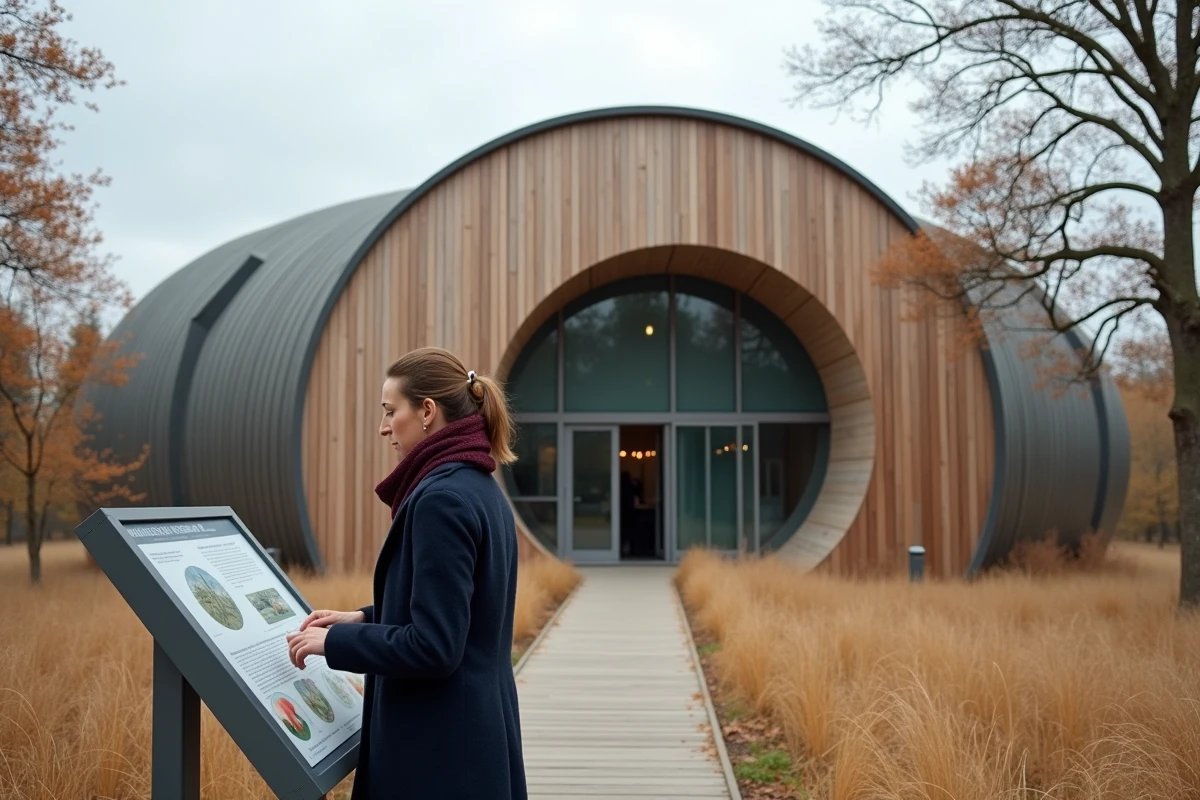 Visiteur devant le bâtiment circulaire du MuséoParc Alésia à Alise-Sainte-Reine par un jour d'automne nuageux