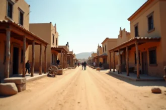 Rue western déserte du parc Oasys Mini Hollywood en Espagne en basse saison, avec façades en bois rustique et visiteurs occasionnels