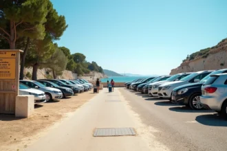 Parking de la Tour Fondue à Hyères, point de départ des ferries pour Porquerolles, avec rangées de voitures et panneaux tarifaires