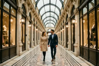 Couple se promenant dans le passage Vivienne à Paris, galerie couverte du XIXe siècle avec sol en mosaïque et verrière en fer forgé