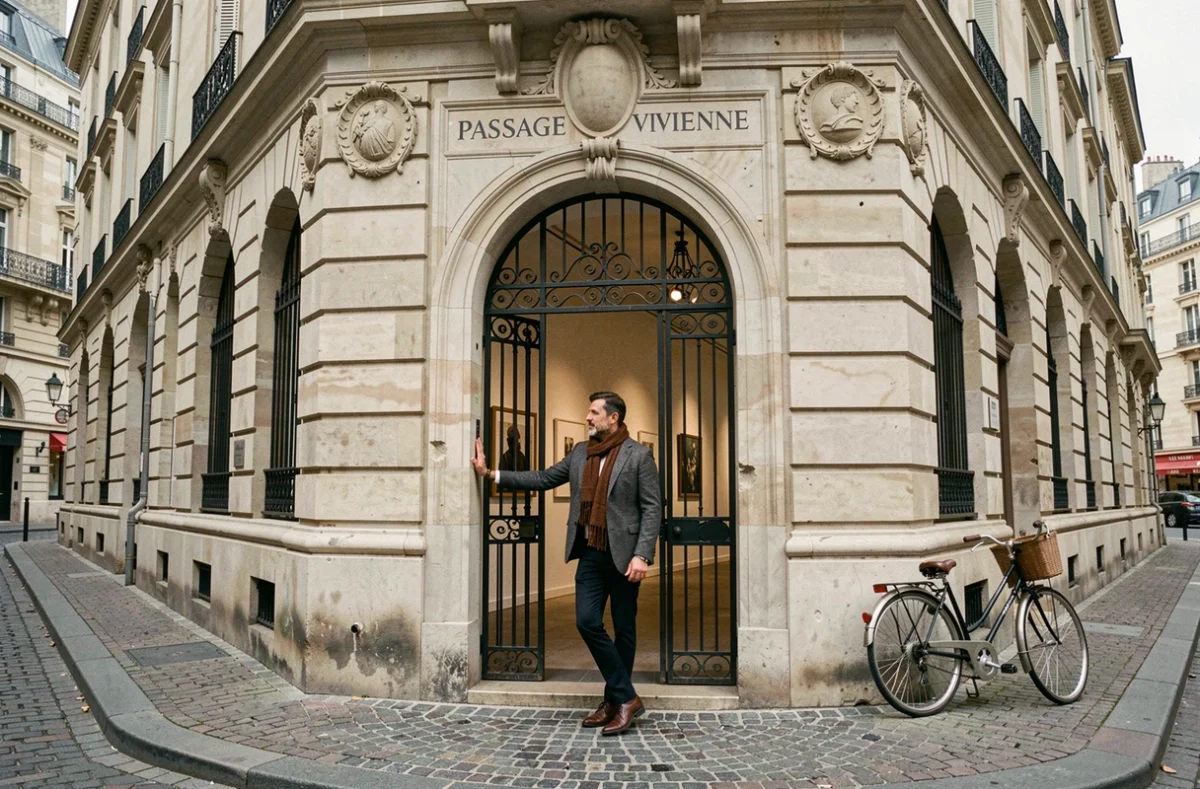 Homme à l'entrée du passage Vivienne rue Vivienne à Paris, façade néoclassique avec grille en fer forgé et pavés parisiens