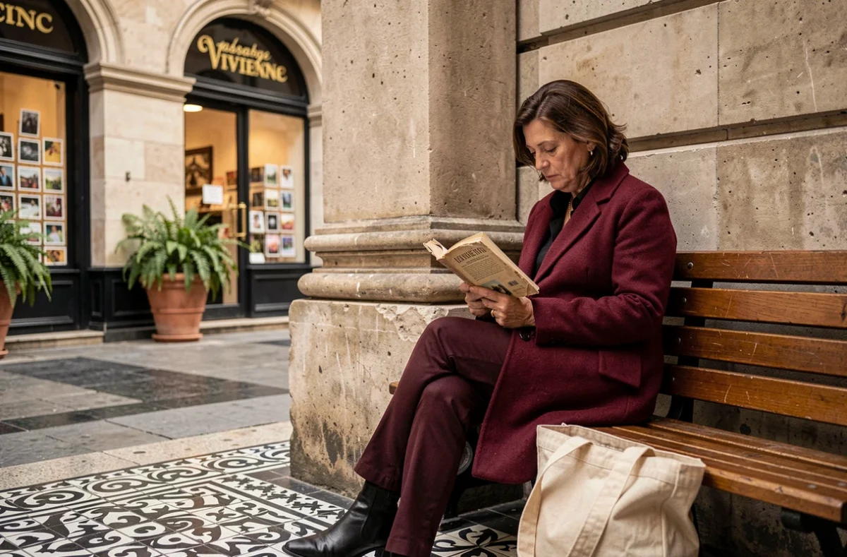 Femme lisant sur un banc dans le passage Vivienne, détail des carreaux en mosaïque et architecture classique parisienne du XIXe siècle