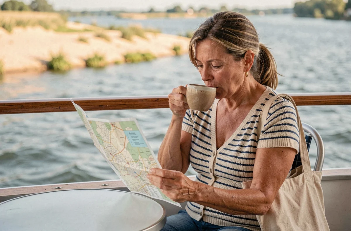 Femme consultant une carte sur le pont supérieur d'un bateau de croisière sur la Loire
