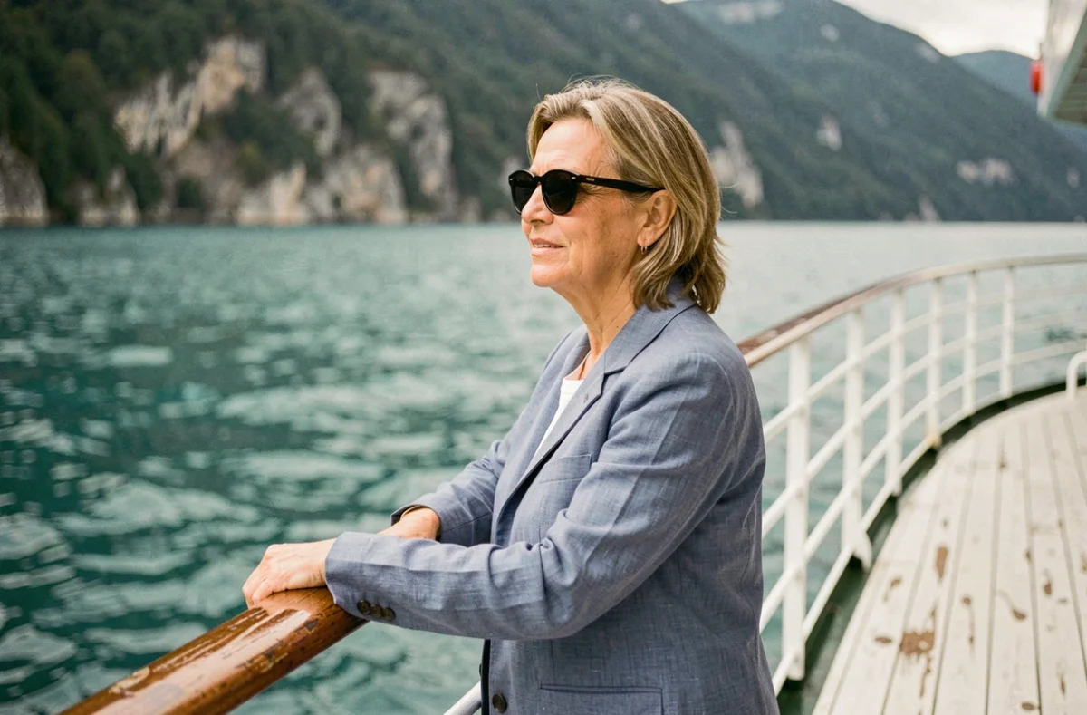 Femme profitant d'une croisière sur le lac du Bourget depuis le pont du bateau