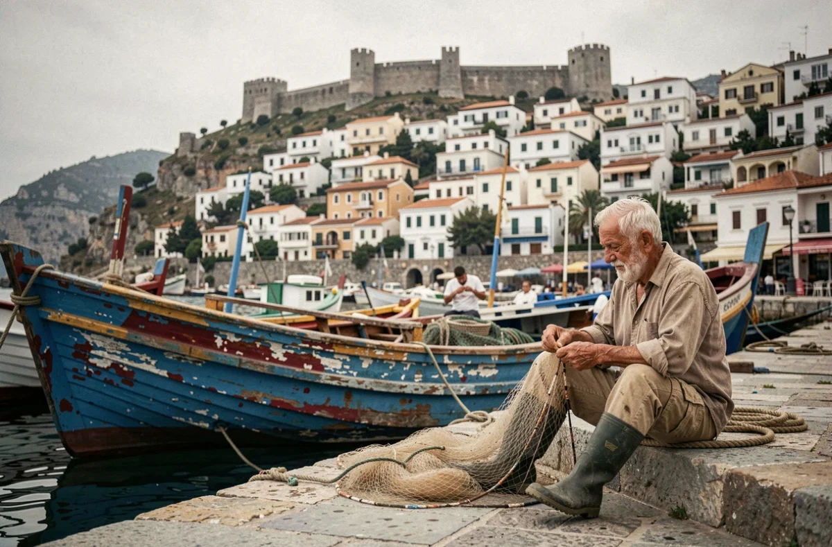 Pêcheur grec âgé réparant ses filets sur le quai du port de Kavala avec la forteresse byzantine en arrière-plan