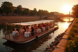 Péniche privatisée amarrée sur les bords de la Garonne à Toulouse, décorée pour un événement privé avec tables en lin blanc et guirlandes lumineuses