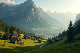 Village au pied d'une montagne majestueuse au lever du soleil