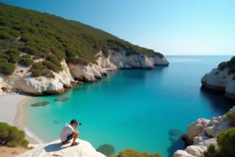 Photographe en train de prendre un cliché de la crique de Cala d'Orzu depuis un rocher de granit avec vue sur la mer turquoise et le maquis corse