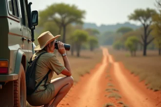 Photographe en safari dans le parc national de Yala au Sri Lanka, debout près d'un 4x4 sur une piste en latérite avec des jumelles