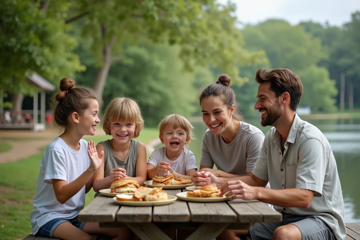 Famille pique-nique au bord du lac en nature