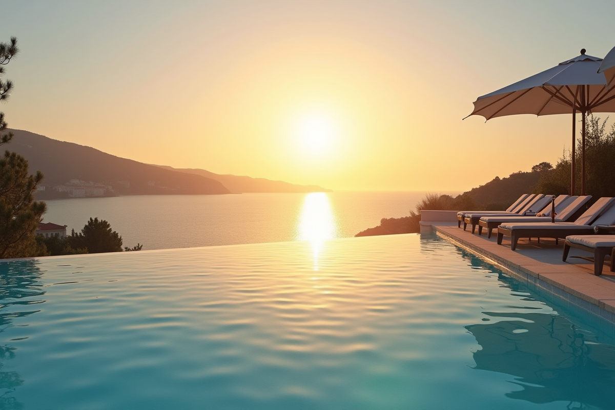 Piscine infinity au coucher de soleil cote d azur sans personne