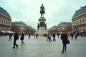 Place de la République à Paris avec la statue de Marianne et des piétons traversant la vaste esplanade pavée en journée