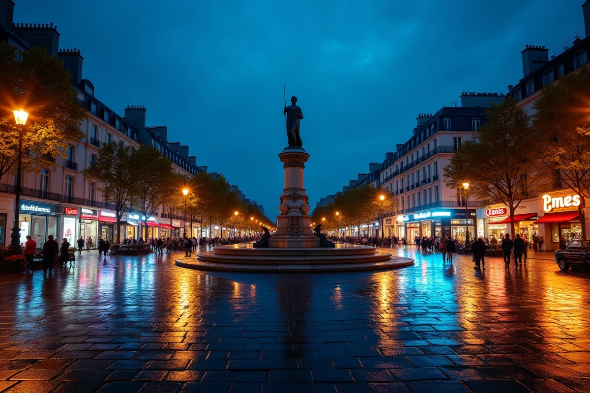 Place de la République à Paris la nuit avec la statue de Marianne en contre-jour et les reflets sur les pavés mouillés