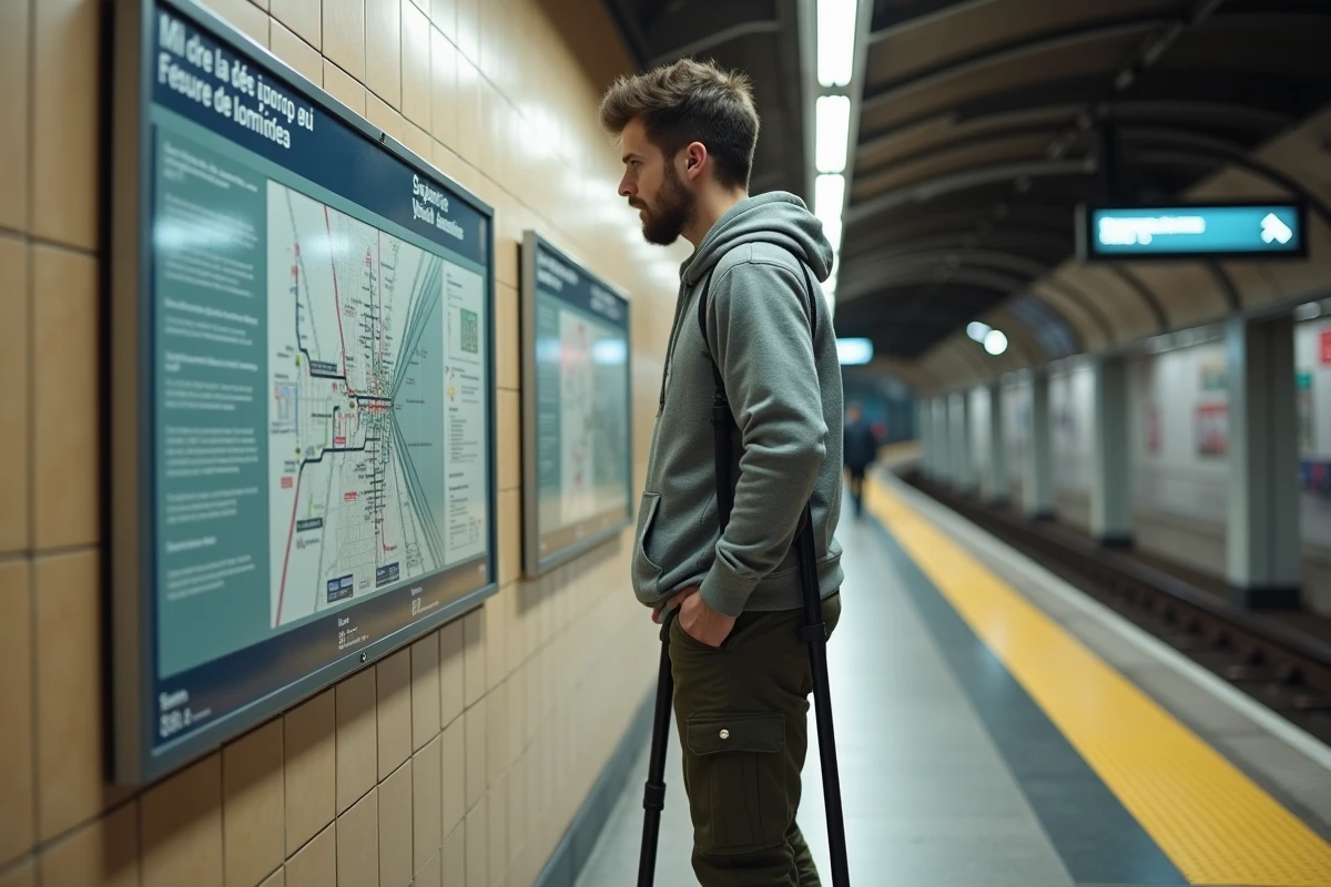 Jeune homme avec des béquilles consultant un plan d'accessibilité dans une station RER parisienne