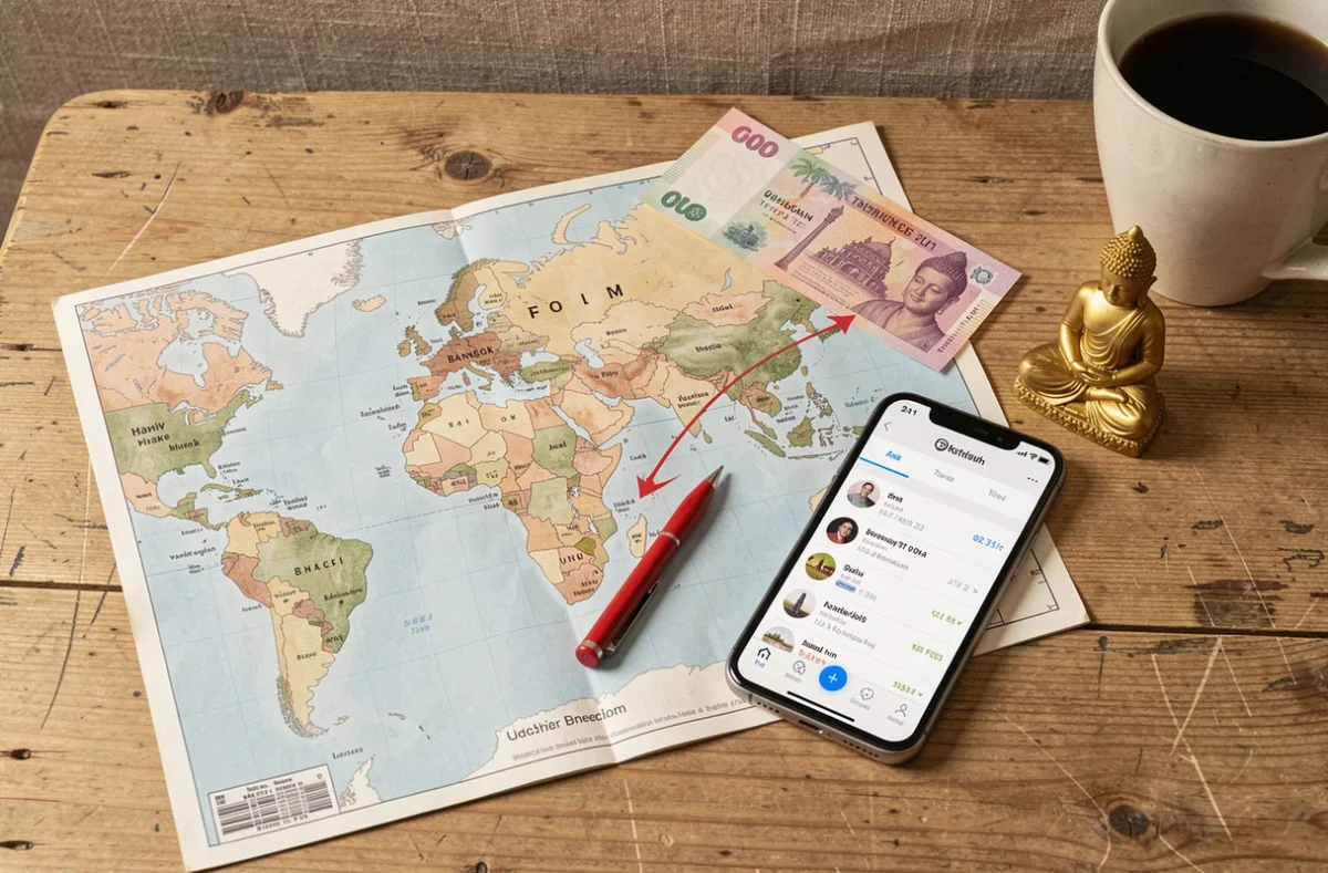Planification d'un voyage Paris-Thaïlande avec carte du monde, application de vol et accessoires de voyage sur un bureau en bois
