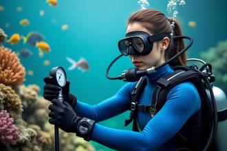 Jeune femme en combinaison de plongée vérifiant son manomètre sous l'eau près d'un récif coloré