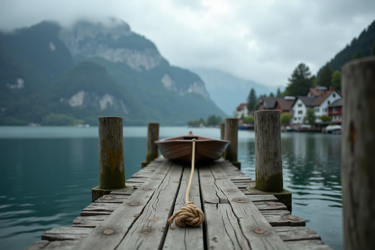 Vieux ponton en bois avec une barque amarrée sur le lac de Hallstatt, village autrichien visible en arrière-plan dans la brume, région du Salzkammergut