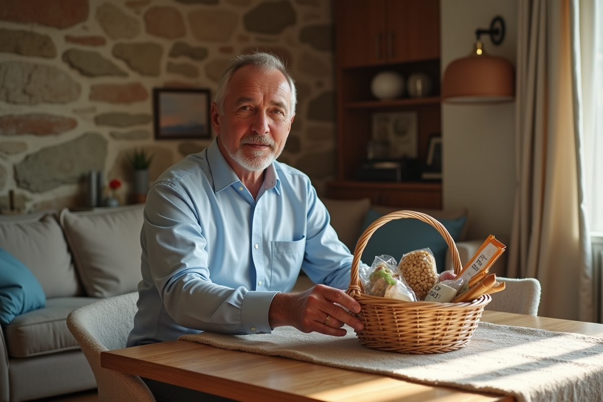 Homme préparant un panier de bienvenue dans un salon lumineux