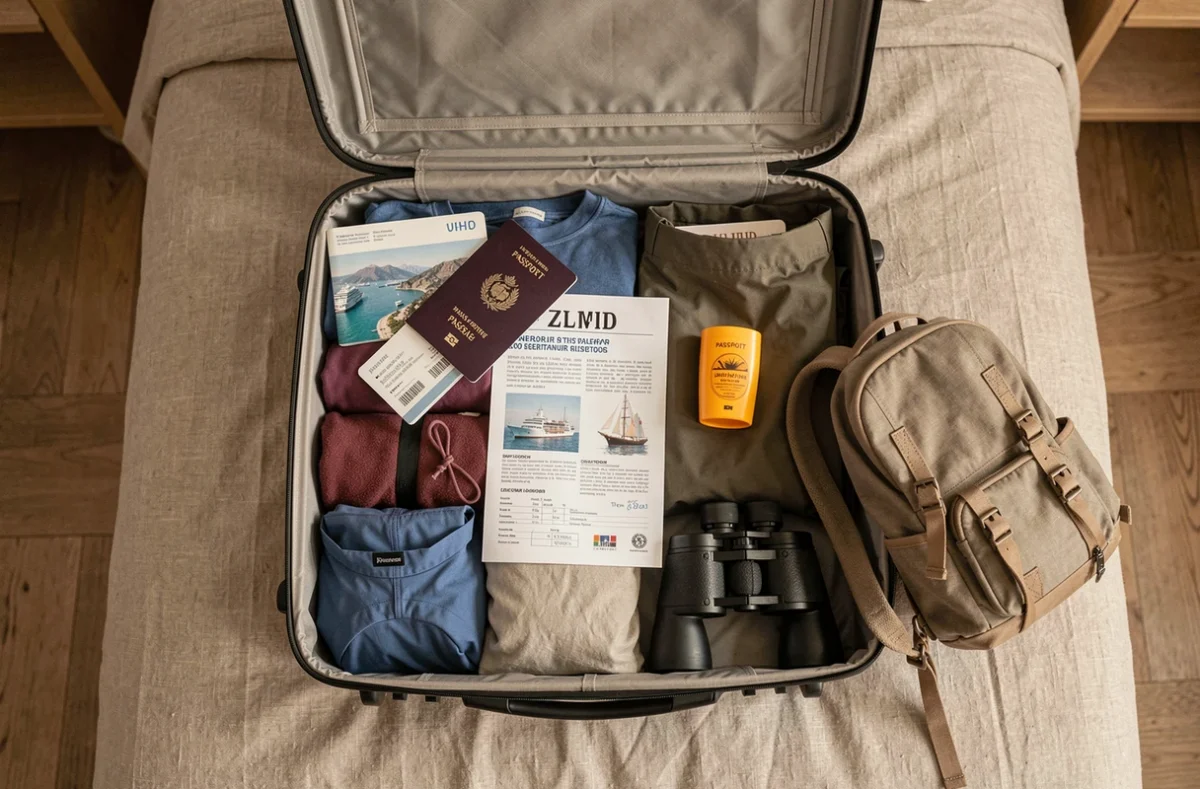 Valise préparée pour une croisière en Europe du Nord avec vêtements chauds et documents de voyage