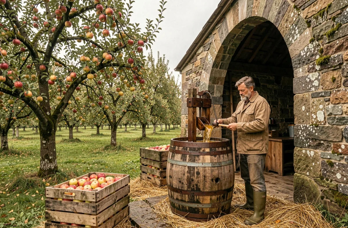Pressoir à cidre normand dans un verger en automne avec homme récoltant des pommes