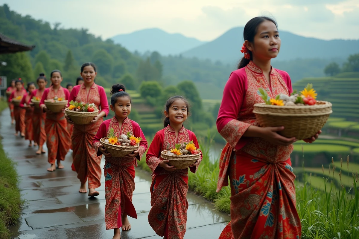 Femmes et enfants balinais en procession avec offrandes