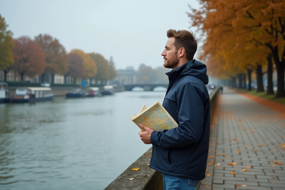 Homme consultant une carte sur le bord du Rhin à Speyer lors d'une promenade à pied