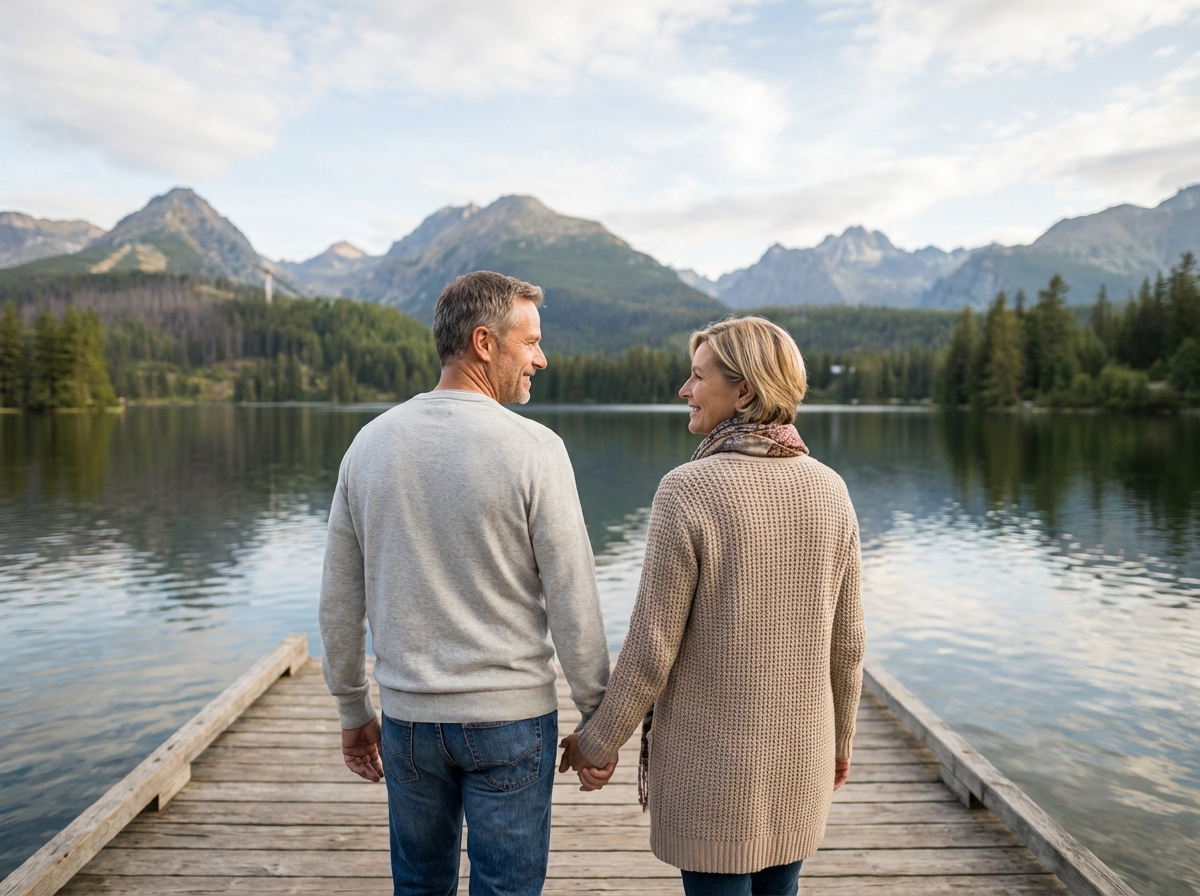 Couple marchant au bord du lac en nature