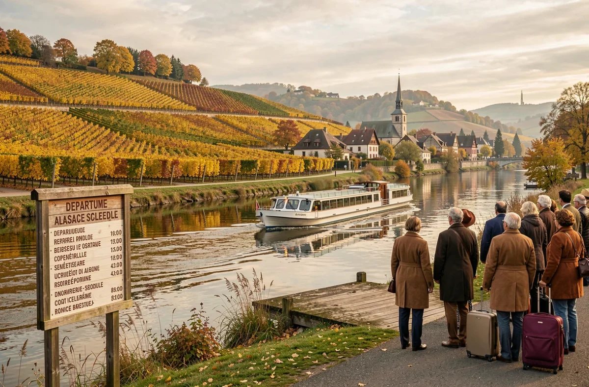 Touristes attendant sur un quai alsacien pour embarquer sur une croisière fluviale au milieu des vignobles d'automne