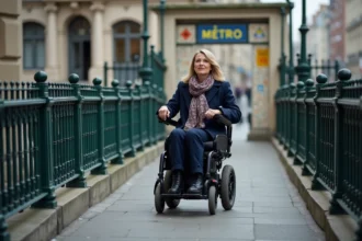 Femme en fauteuil roulant électrique empruntant une rampe d'accès à l'entrée d'une station de métro parisienne
